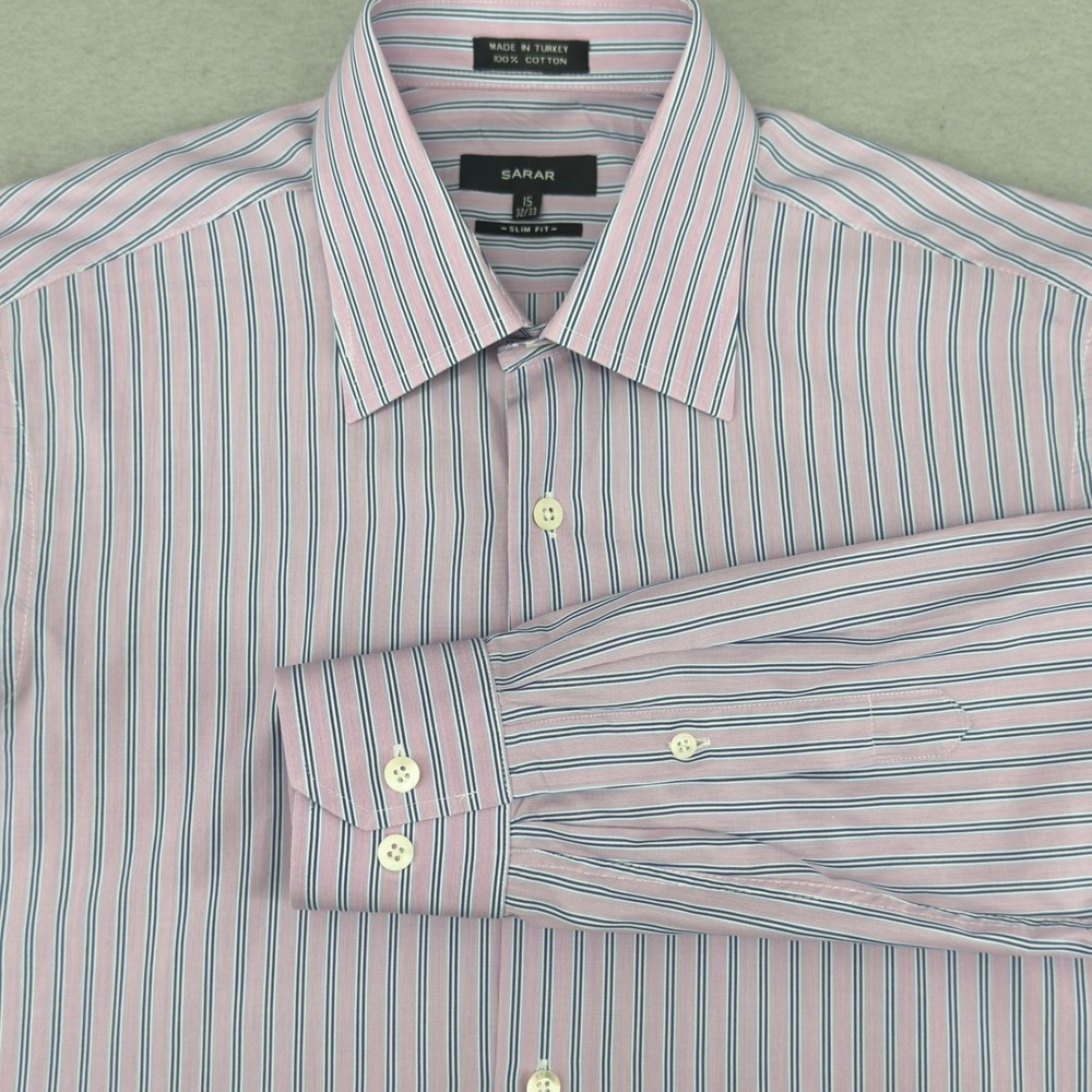 Sarar Men's Slim Fit Dress Shirt Striped Pink Blue Long Sleeve 15‎ 32/33